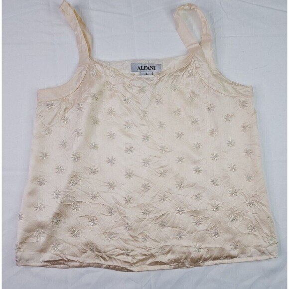 Alfani 100% Silk Cami Tank Top Women Embellished Micro Star Ivory Size 10 - Picture 1 of 6